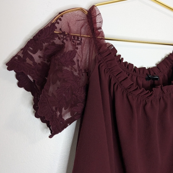 Iris Medium Burgundy Sheer Floral Lace Sleeve Off the Shoulder Flowy Top Blouse - Picture 3 of 9